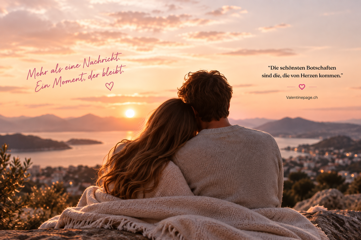 Romantischer Sonnenuntergang mit einem Paar und Valentinepage Botschaft